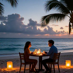 Caribbean Holidays, Dominican Republic Couples, Romantic dinner for two at a beachfront restaurant in the Dominican Republic, lanterns glowing at sunset