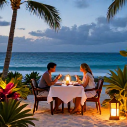 Caribbean Holidays, Dominican Republic Couples, Romantic open-air dinner for two at a Dominican Republic beachfront restaurant, with lanterns, tropical plants and an evening sea view