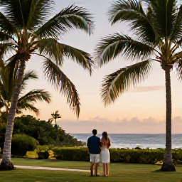 Caribbean Holidays, Dominican Republic Couples, Tropical Dominican Republic landscape with lush palms, warm evening light and distant Caribbean sea
