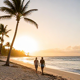 Caribbean Holidays, Dominican Republic February, A couple walking along a palm-fringed beach at sunrise in Punta Cana, Dominican Republic