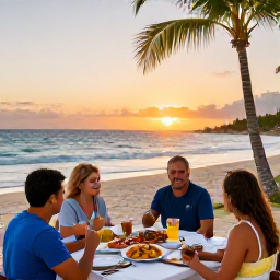 Caribbean Holidays, Dominican Republic February, A relaxed family dinner at a Dominican Republic beachfront restaurant at sunset, with colourful local dishes and palm trees nearby