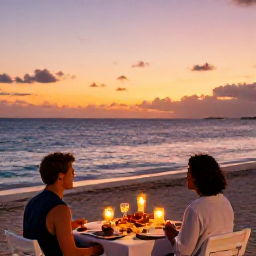 Caribbean Holidays, Dominican Republic February, A romantic beachfront dinner for two at sunset in the Dominican Republic, with candles, seafood and the Caribbean Sea beyond