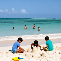 Caribbean Holidays, Dominican Republic February, A sunny family beach scene in Punta Cana, Dominican Republic, with children building sandcastles and parents relaxing beside clear turquoise water