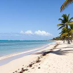 Caribbean Holidays, Dominican Republic February, A wide sandy beach in Punta Cana, Dominican Republic, with calm turquoise water, palm trees and bright February sunshine