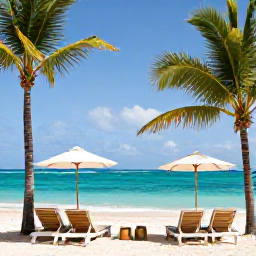 Caribbean Holidays, Dominican Republic February, An elegant adults-only resort beside a turquoise Caribbean beach in the Dominican Republic, with sun loungers and palm trees