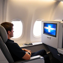 Caribbean Holidays, Dominican Republic February, Business class passenger relaxing in a comfortable aircraft seat on a flight from the United Kingdom to the Dominican Republic