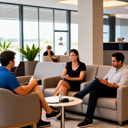 Caribbean Holidays, Dominican Republic February, Business class passengers relaxing in a comfortable airport lounge before a flight to the Dominican Republic