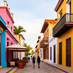 Caribbean Holidays, Dominican Republic February, Colourful colonial street in Santo Domingo, Dominican Republic, with historic buildings, caf&eacute;s and visitors exploring in warm February light