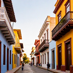 Caribbean Holidays, Dominican Republic February, Colourful colonial street in Santo Domingo with historic buildings, balconies and pedestrians in warm afternoon light