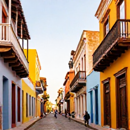Caribbean Holidays, Dominican Republic February, Colourful historic street in Santo Domingo, Dominican Republic, with colonial buildings, balconies and pedestrians in warm daylight