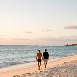 Caribbean Holidays, Dominican Republic February, Couple walking along a wide white-sand beach in Punta Cana at sunset, with calm blue sea and soft golden light