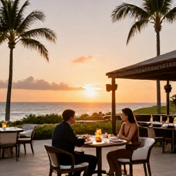 Caribbean Holidays, Dominican Republic February, Elegant Dominican Republic resort at sunset with a refined restaurant terrace, palm trees and a couple enjoying a relaxed evening