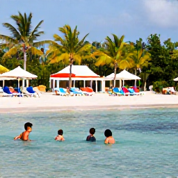 Caribbean Holidays, Dominican Republic February, Families swimming and playing safely in calm shallow Caribbean water at a Dominican Republic resort, with palm trees and colourful sun loungers