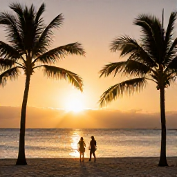 Caribbean Holidays, Dominican Republic February, Golden sunset over a Dominican Republic beach with palm silhouettes, calm sea and a couple enjoying an evening stroll