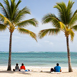 Caribbean Holidays, Dominican Republic February, Holidaymakers relaxing beneath palm trees beside a calm Caribbean beach in the Dominican Republic during a sunny February afternoon