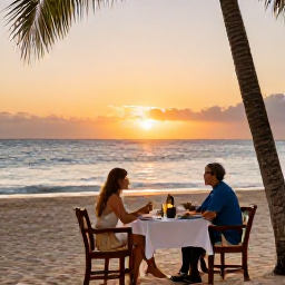 Caribbean Holidays, Dominican Republic February, Relaxed Caribbean resort scene in the Dominican Republic with a couple enjoying a sunset dinner by the beach