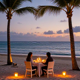 Caribbean Holidays, Dominican Republic February, Romantic candlelit dinner on a Dominican Republic beach at dusk, with palm trees, gentle waves and warm lantern light