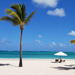 Caribbean Holidays, Dominican Republic February, Sunny Punta Cana beach in February with turquoise sea, white sand, palm trees and a relaxed traveller under a parasol