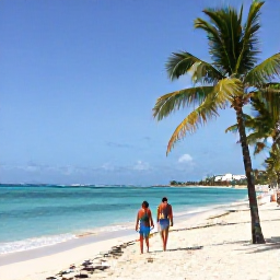 Caribbean Holidays, Dominican Republic February, Sunny Punta Cana beach in February with turquoise water, palm trees and a couple walking along the sand