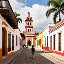 Caribbean Holidays, Dominican Republic February, Traveller exploring the historic Colonial Zone of Santo Domingo, with colourful buildings, cobbled streets and palm trees