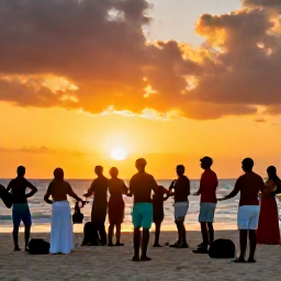 Caribbean Holidays, Dominican Republic Holidays, A lively Dominican beach gathering with musicians, dancers and colourful Caribbean sunset light