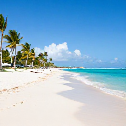 Caribbean Holidays, Dominican Republic Holidays, A wide sandy Caribbean beach in Punta Cana with turquoise water, palm trees and bright sunshine