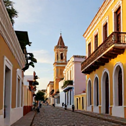 Caribbean Holidays, Dominican Republic Holidays, Colourful colonial buildings and a cobbled street in Santo Domingo's historic Zona Colonial at golden hour