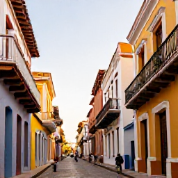 Caribbean Holidays, Dominican Republic Holidays, Colourful colonial street in Santo Domingo with historic Spanish buildings, balconies and pedestrians in warm afternoon light
