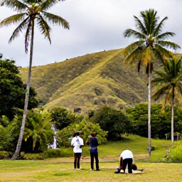 Caribbean Holidays, Dominican Republic Holidays, Lush Saman&aacute; Peninsula landscape with tall palm trees, rolling hills, a small waterfall and travellers exploring nature