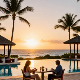 Caribbean Holidays, Dominican Republic Holidays, Relaxed Caribbean resort scene at sunset with palm-fringed pool, outdoor dining and a couple enjoying the evening