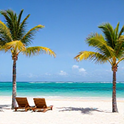 Caribbean Holidays, Dominican Republic Holidays, Wide white-sand beach in Punta Cana with turquoise Caribbean water, palm trees and comfortable sun loungers