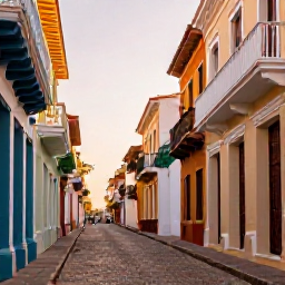 Caribbean Holidays, Dominican Republic Instagram Hotspots, Colourful colonial street in Santo Domingo's Zona Colonial, with historic balconies, cobbled paving and warm afternoon light