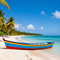 Caribbean Holidays, Dominican Republic Instagram Hotspots, Colourful wooden boats on the calm blue waters of Saona Island, with palm-fringed white beaches and a sunny tropical sky