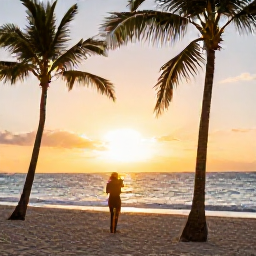 Caribbean Holidays, Dominican Republic Instagram Hotspots, Traveller taking a sunset photograph from a palm-fringed Dominican Republic beach, with golden light across the Caribbean sea