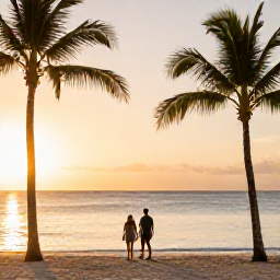 Caribbean Holidays, Dominican Republic January, A couple walking along a quiet palm-fringed beach in the Dominican Republic at sunset, with calm water and warm golden light