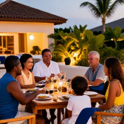 Caribbean Holidays, Dominican Republic January, A family and friends sharing a relaxed outdoor dinner at a Dominican Republic resort, with tropical plants and warm evening lighting