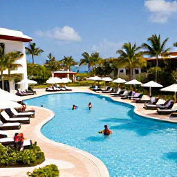 Caribbean Holidays, Dominican Republic January, Guests enjoying a stylish all-inclusive resort pool in Punta Cana, with sun loungers, tropical gardens and a blue sky