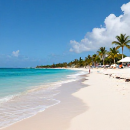 Caribbean Holidays, Dominican Republic July, A bright Caribbean beach in the Dominican Republic in July, with turquoise water, soft white sand, palm trees and a relaxed all-inclusive resort atmosphere