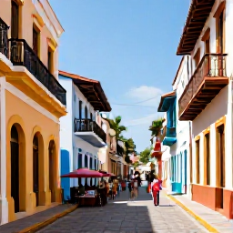 Caribbean Holidays, Dominican Republic July, A colourful colonial street in Santo Domingo, Dominican Republic, with historic buildings, balconies, caf&eacute;s and visitors exploring in warm July sunshine
