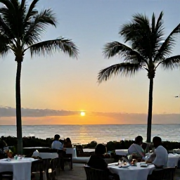 Caribbean Holidays, Dominican Republic July, A sunset over a Dominican Republic all-inclusive resort, with palm silhouettes, warm light, outdoor dining and guests enjoying a relaxed July evening