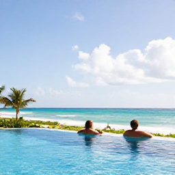 Caribbean Holidays, Dominican Republic July, Adults relaxing beside an infinity pool at an adults-only Caribbean resort in the Dominican Republic, bright July sunshine