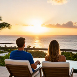 Caribbean Holidays, Dominican Republic July, Business class couple watching a Caribbean sunset from a Dominican Republic resort terrace