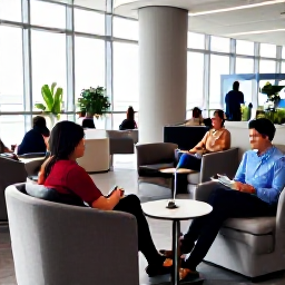 Caribbean Holidays, Dominican Republic July, Business class travellers relaxing in a modern airport lounge before a flight to the Dominican Republic