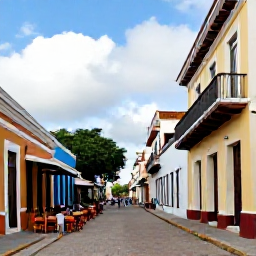 Caribbean Holidays, Dominican Republic July, Colourful colonial street in Santo Domingo, Dominican Republic, with historic buildings, caf&eacute;s and visitors exploring in warm daylight