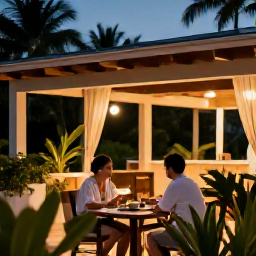 Caribbean Holidays, Dominican Republic July, Couple enjoying a warm July evening on a Dominican Republic resort terrace, tropical plants, soft lights and relaxed atmosphere