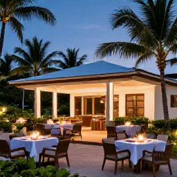 Caribbean Holidays, Dominican Republic July, Elegant adults-only resort restaurant in the Dominican Republic with tropical gardens, outdoor dining and evening lighting