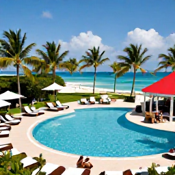 Caribbean Holidays, Dominican Republic July, Elegant beachfront resort in Punta Cana with a pool, palm trees and guests enjoying a July holiday