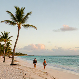 Caribbean Holidays, Dominican Republic July, Quiet white-sand beach in Punta Cana, Dominican Republic, with turquoise sea, palm trees and a couple walking at sunset