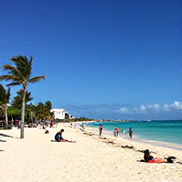 Caribbean Holidays, Dominican Republic July, Sunny Punta Cana beach in July with turquoise water, palm trees and travellers enjoying the sand
