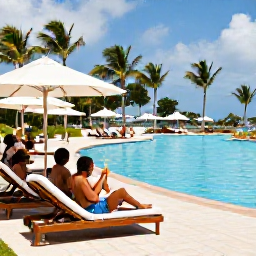 Caribbean Holidays, Dominican Republic July, Travellers relaxing beside a large resort pool in Punta Cana, Dominican Republic, with sun loungers, palm trees, tropical drinks and a welcoming holiday atmosphere